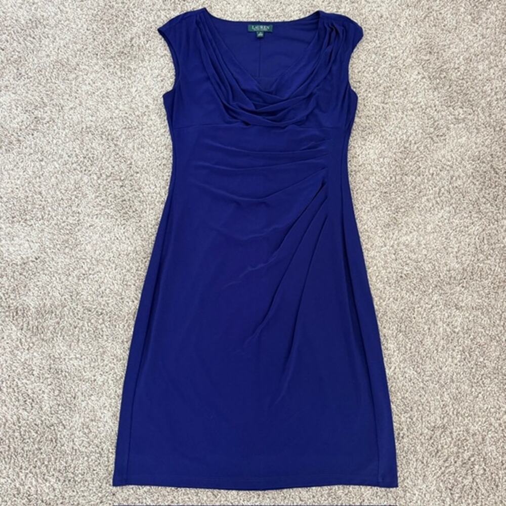 Lauren Ralph Lauren‎ Sheath Dress Women's 12 Ruched Drape Neck Violet Blue